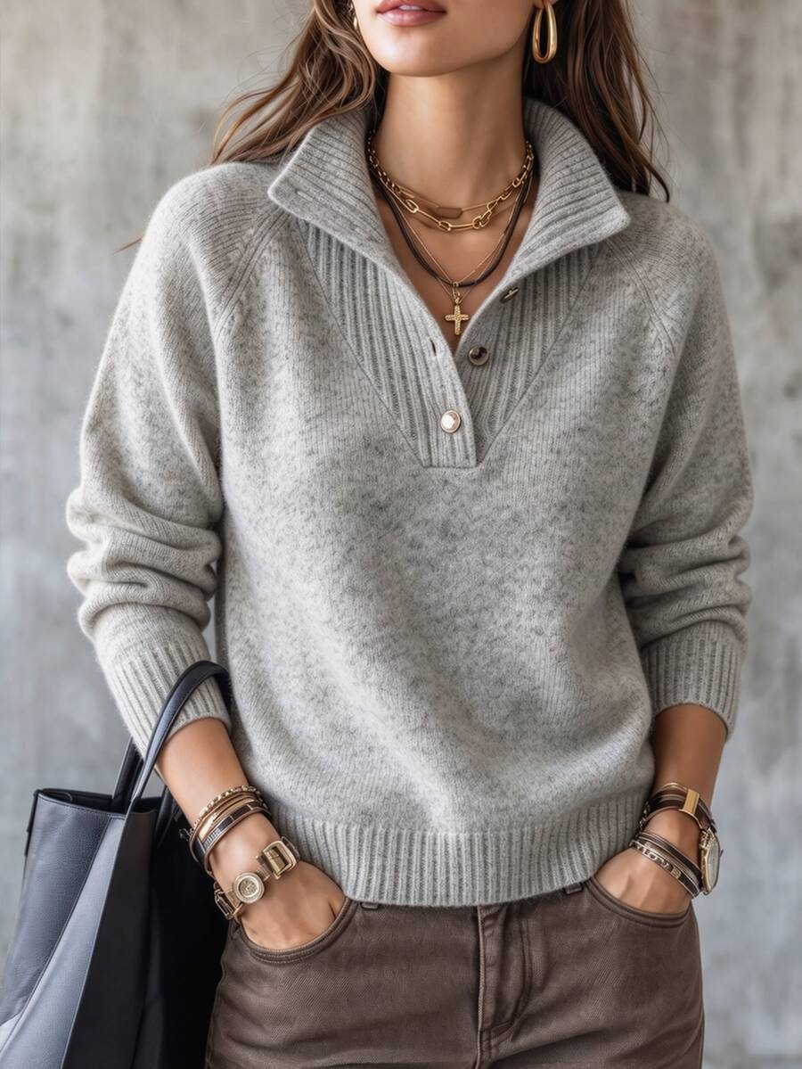 SHEIN Áo len dệt kim nữ cổ nửa cao mềm mại cho mùa thu/đông, 5 cúc, tay raglan dáng rộng thoải mái, áo pullover ngắn, lớp mặc trong đa năng cho đi làm hằng ngày - Xám - Xem 1