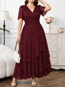 Reflora Plus Size Summer Elegant Jacquard Dress Wedding Formal Evening Dark Purple - Burgundy - View 6