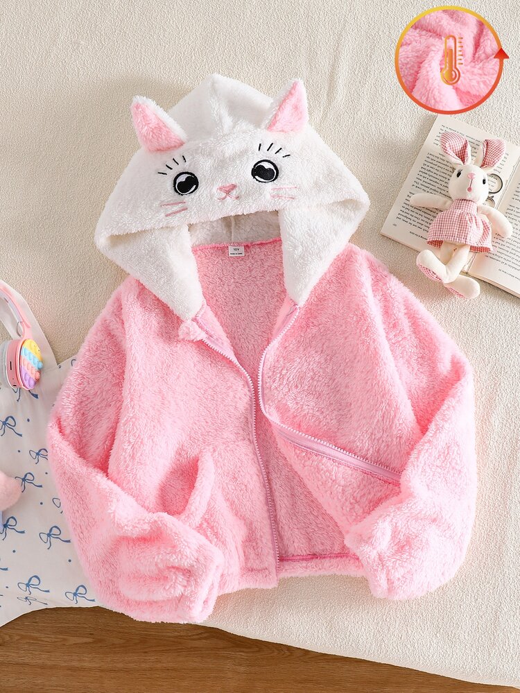 SHEIN 1pc Girls' Soft Cute Plush Jacket, Colorblock Hooded Zip-Up Pocket Short Coat, Soft And Cozy, Suitable For Camping, Travel, Daily Wear, Autumn/Winter - Pink - View 3