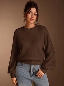 SHEIN BASICS 女款休閒百搭米白色圓領長袖針織毛衣，秋季女裝，適合上班、日常、居家、辦公室穿搭 - 棕色 - 查看 4