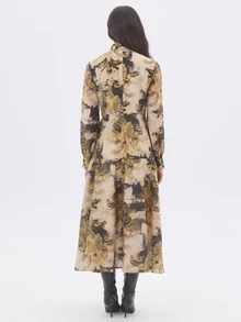KÆRIA Hus Gaun Midi Bertingkat dengan Kancing Depan - Tenun Slub Halus - Motif Botani Antik - Romantis, Pernyataan - MultiWarna - View 3