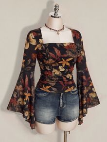 SHEIN ICON 大尺碼女款休閒波希米亞浪漫碎花楓葉印花喇叭袖上衣 秋冬黑色 Y2K 復古派對度假風 - 彩色 - 查看 6