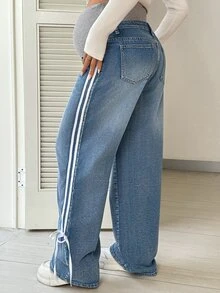 SHEIN Maternity Knitted Belly Support Blue Denim Loose Straight Leg Pants - Blue - View 2