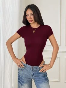SHEIN PETITE 純色修身連身衣，適合嬌小女性 - 酒紅色 - 查看 7