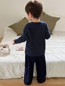 Dazy Kids Boys (Small) Striped Loose Top + Straight Leg Solid Color Pants 2 Pieces Loungewear Set - Navy Blue - View 2