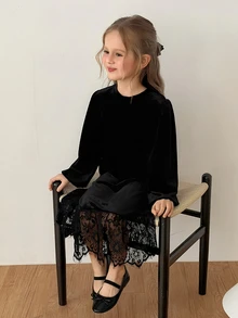 DAZY Young Girl) Velvet Long Sleeve Casual Round Neck Contrast Lace Design Dress - Black - View 1