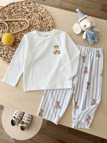 SHEIN 兒童小男孩卡通塗鴉酷圖案圓領長袖套頭T恤與藍白條紋長褲睡衣套裝，柔軟舒適休閒居家睡衣2件組，適合四季穿著 - 彩色 - 查看 3