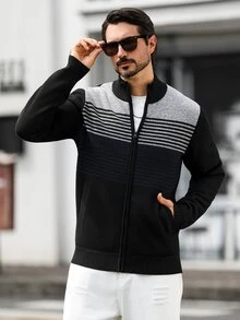 Marcello Vane Old Money 男士秋冬條紋長袖拉鍊針織開襟衫，情侶穿搭，辦公通勤秋季款，最佳節日禮物 - 黑色 - 查看 5