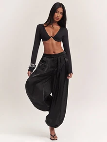 SHEIN BAE Women's Solid Color Lantern Pants - Black - View 7
