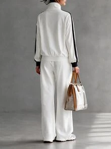LUMIGAL Women's Colorblock Long Sleeve Jacket And Pants Casual Daily 2 Pieces Set - White - View 2