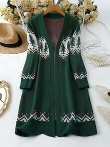 SHEIN LUNE كارديجان كاجوال بأكمام طويلة بتصميم كتل لونية ورقعات، مقاس كبير، ملابس شتوية وخريفية للنساء - أخضر داكن - مشاهدة 1