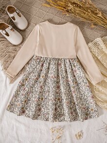 Young Girl Vacation Patchwork Floral Pattern Round Neck Long Sleeve Casual Dress - Multicolor - View 2