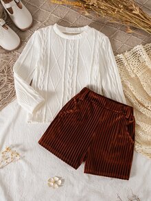 SHEIN Young Girl Solid Color Long Sleeve T-Shirt And Shorts Casual Daily Outfit - Multicolor - View 4
