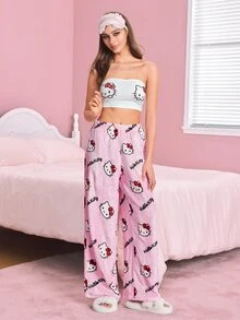 HELLO KITTY AND FRIENDS | SHEIN Set Piyama Atasan Bandeau dan Celana Panjang Wanita - Red and White - View 5