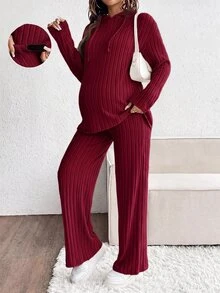 SHEIN 2pcs Maternity Casual Solid Color Hoodie Top And Pants Set Fall - Burgundy - View 6