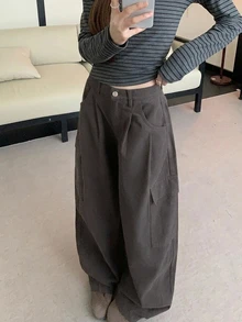 DAZY 女款休閒寬鬆寬腿喇叭牛仔褲可愛上衣 - 深灰色 - 查看 3