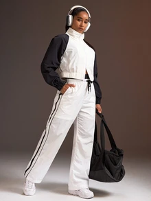 Powerista Women's Black & White Contrast Color Double Waistband Woven Loose Fit Long Pants - White - View 5