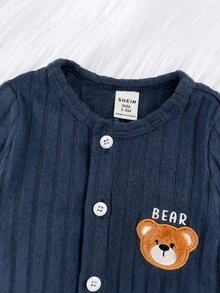 SHEIN 新生兒嬰兒貼花刺繡鈕扣連身衣與帽子套裝 - 寶藍色 - 查看 3