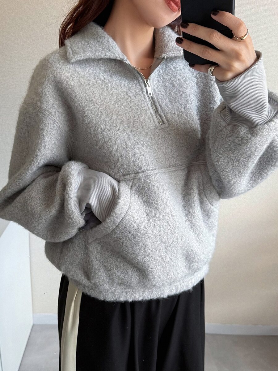 FRIFUL Women's Comfortable Half-Zip Sweatshirt With Pockets - Grey - View 1
