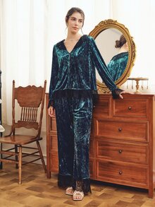 Côtesoire South French Elegant Mature Diamond Velvet Lace Patchwork Open Front Women's Pajama Set - Dark Green - View 6