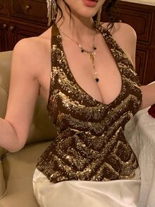 DAZY Loose Fit Gold Sequin Halter Top, Deep V-Neck With Back Tie Design, Full Smooth Soft Lining, Non-Scratch Non-Sheer, Short Ruffle Hem Sleeveless Top - Gold - View 2