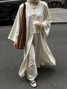 Yasmyna Apricot Long Sleeve Loose Fit Frog Button Design Shoulder-Connected Minimalist Relaxed Casual Commute Date Light Vintage Women's Arabic Abaya - Apricot - View 1