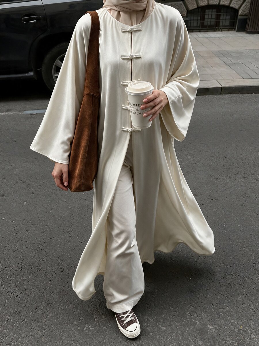 Yasmyna Apricot Long Sleeve Loose Fit Frog Button Design Shoulder-Connected Minimalist Relaxed Casual Commute Date Light Vintage Women's Arabic Abaya - Apricot - View 1