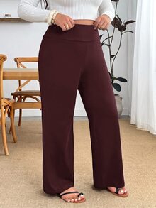 SHEIN PETITE CURVE 大尺碼女款純色休閒百搭日常穿著長褲 秋季早午餐度假黑色 - 紅木色 - 查看 5