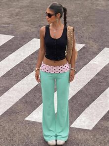 Muchica Casual Minimalist Women's Light Green And Light Pink Colorblock Polka Dot Pattern Versatile Daily Pants Suitable For Spring And Autumn - Multicolor - View 4
