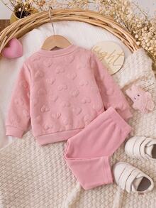 SHEIN 新生兒嬰兒 3D 花卉裝飾長袖上衣與長褲休閒日常套裝 - 粉色 - 查看 2