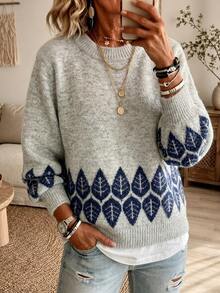 SHEIN Forest Style Vintage Loose Slouchy Knit Crew Neck Sweater - Grey - View 4