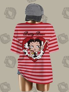 Betty Boop x SHEIN 女款字母條紋圓領落肩休閒T恤 - 白色 - 查看 1