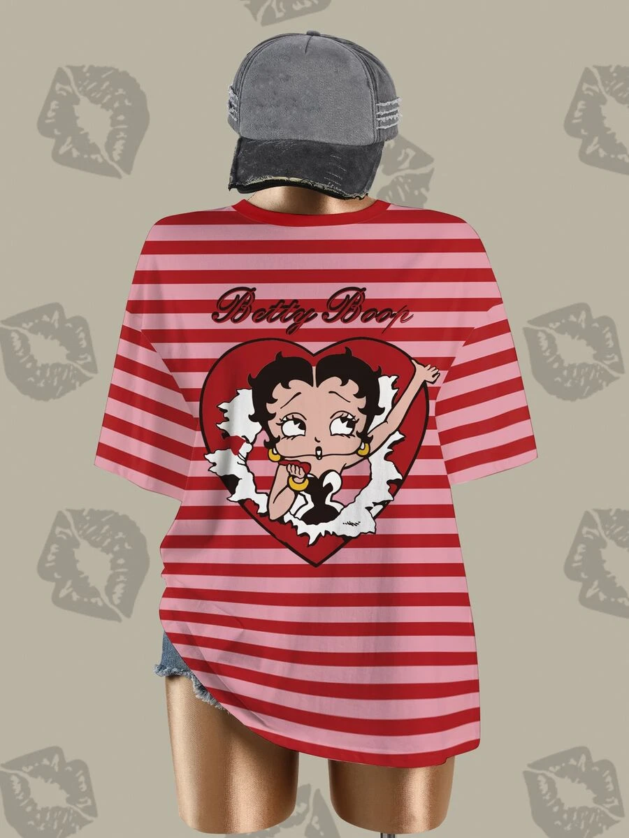 Betty Boop x SHEIN 女款字母條紋圓領落肩休閒T恤 - 白色 - 查看 1