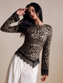 Poéselle Women's Leopard Print Lace Patchwork Slim Fit Versatile Daily Long Sleeve T-Shirt - Brown - View 2