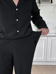 DAZY 春秋款男士長袖黑色條紋長褲家居服套裝 - 黑色 - 查看 8