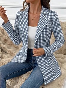 SHEIN Clasi 女款格紋翻領長袖休閒通勤西裝外套 - 淺藍色 - 查看 3