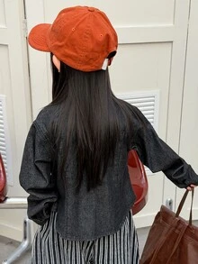 Dazy Kids (Gadis Remaja) Atasan Denim Gelap Pendek Lengan Panjang Kerah Lipat Musim Gugur - Hitam - View 3