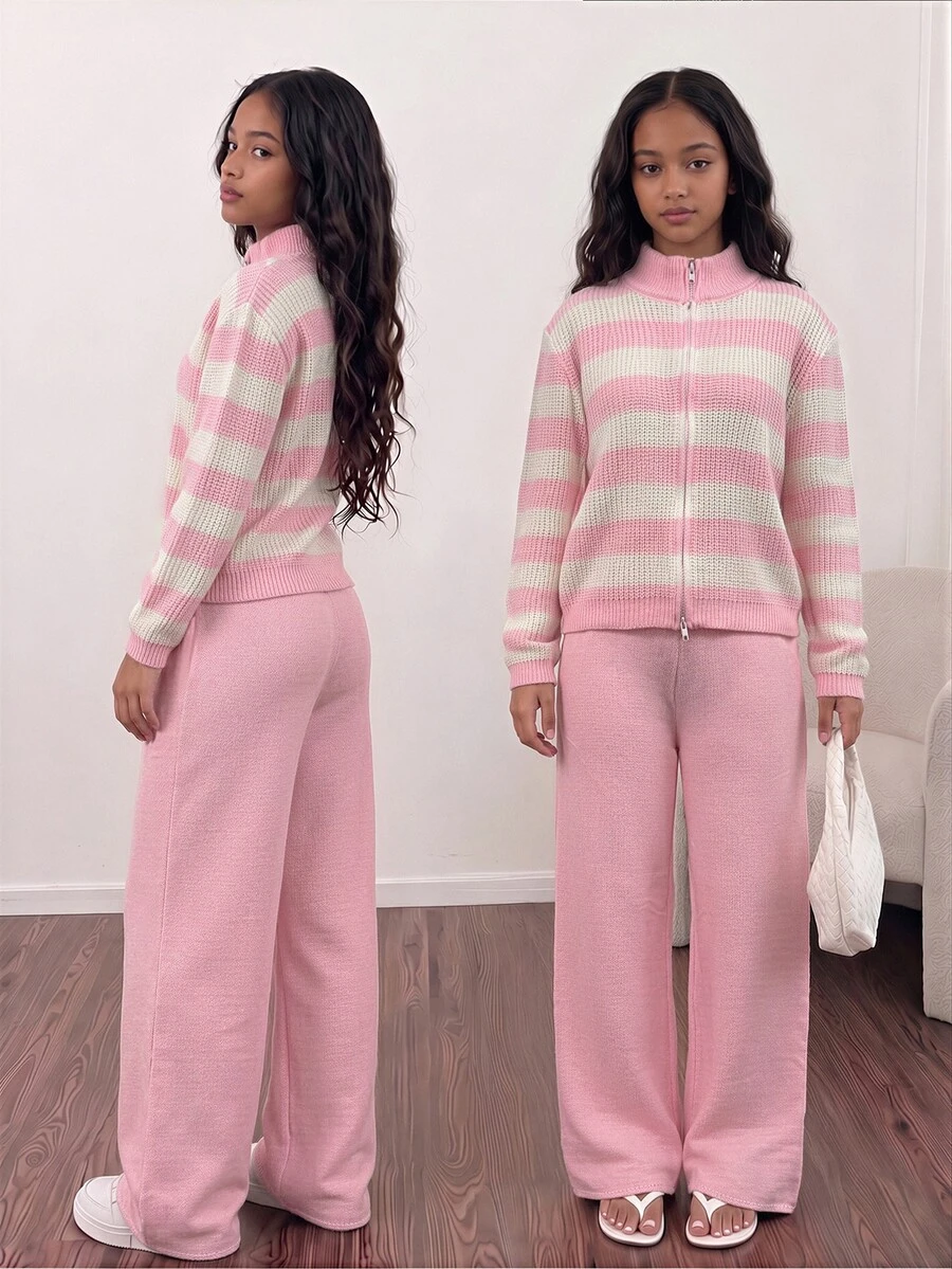 Teenage Knit Striped Colorblock Pink Cardigan With Embroidery And Double Zipper, Knit Pants 2-Piece Set, Travel & College Style - Pink - View 1