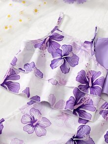SHEIN 春季女童幼童4件套套裝，2款粉色白色花卉純色荷葉邊細肩帶洋裝，夏季熱帶度假風，兩套造型輕鬆替換，柔軟面料 - 紫色 - 查看 4