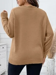 SHEIN LUNE Áo len chui đầu dệt jacquard phối màu tương phản phong cách tối giản mặc hàng ngày size lớn - Lạc đà - Xem 2