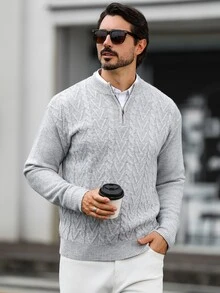 Marcello Vane 男士半高領長袖套頭毛衣，休閒針織秋冬服飾，淺灰色寬鬆版型時尚通勤穿搭，百搭半拉鍊麻花編織套頭毛衣 - 淺灰色 - 查看 1