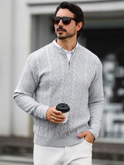 Marcello Vane Men's Half-High Neck Long Sleeve Pullover Sweater, Casual Knit Autumn/Winter Clothing, Light Gray Loose Fit Fashionable Commuter Outfit Versatile Half-Zip Cable Knit Pullover Sweater