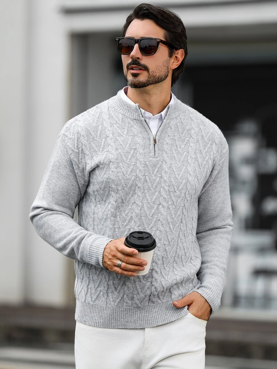 Marcello Vane 男士半高領長袖套頭毛衣,休閒針織秋冬服飾,淺灰色寬鬆版型時尚通勤穿搭,百搭半拉鍊麻花編織套頭毛衣 - 淺灰色 - 查看 1