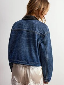 Willow Rêve Áo khoác denim xanh phối cổ PU đen cho nữ - Màu xanh lam - Xem 2