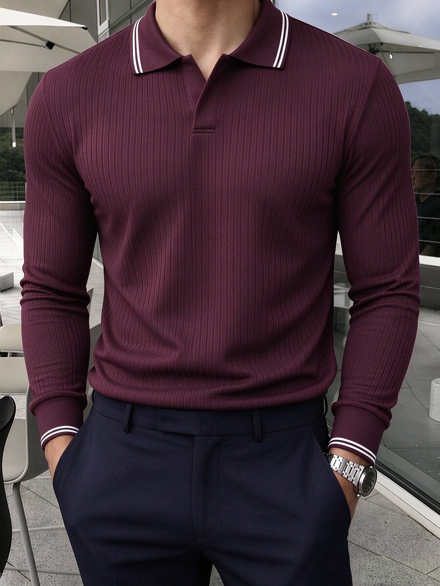 JOLTRO 男士條紋長袖休閒通勤 Polo 衫 - 酒紅色 - 查看 1