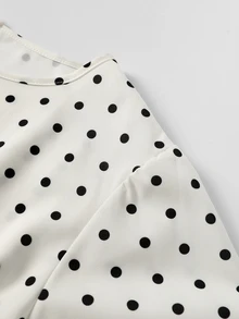 Easura Plus Size Casual Black & White Polka Dot Cinched Waist Long Sleeve Bell Sleeve Blouse - Apricot - View 9