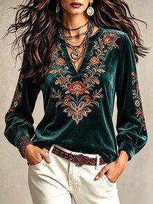 Glimmora Women's Floral Print Notch V-Neck Long Sleeve T-Shirt - Dark Green - View 4