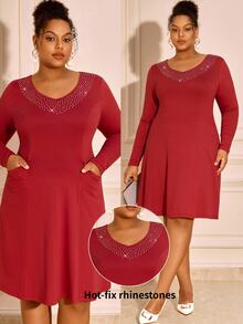 BrightlyHer Plus Size Burgundy Rhinestone V Neck Long Sleeve Dress Elegant Formal Party Evening Fall Winter 2026 Christmas - Burnt Orange - View 11