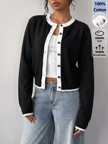SHEIN BASICS Women's Korean Style Contrast Color Button Knit Thin Cardigan - Black - View 3