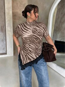 Firerie Casual Retro Zebra Print Plus Size Short Sleeve Lace T-Shirt, Suitable For Summer, Music Festivals - Multicolor - View 1